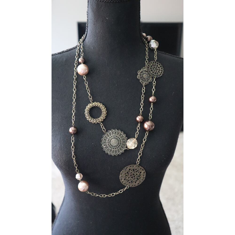 Vintage 90s Y2K Medallion Charm Long Bead Necklace Earring SET Pearl Boho